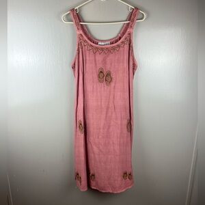 Raya Sun Pink Sleeveless Dress with Brown Embroidery